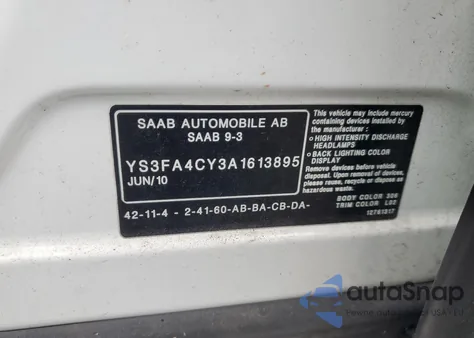 2010 Saab 9-3 2.0T from USA, damaged, VIN YS3FA4CY3A1613895